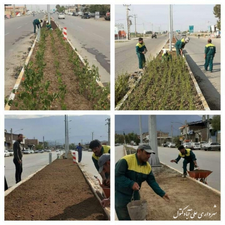 توسعه فضای سبز شهری در بلوار شهیدان معززی خیابان مزرعه توسط پیمانکار فضای سبز شهرداری علی آباد کتول